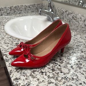 Glossy Red Patent Leather Stiletto Heels with Bow